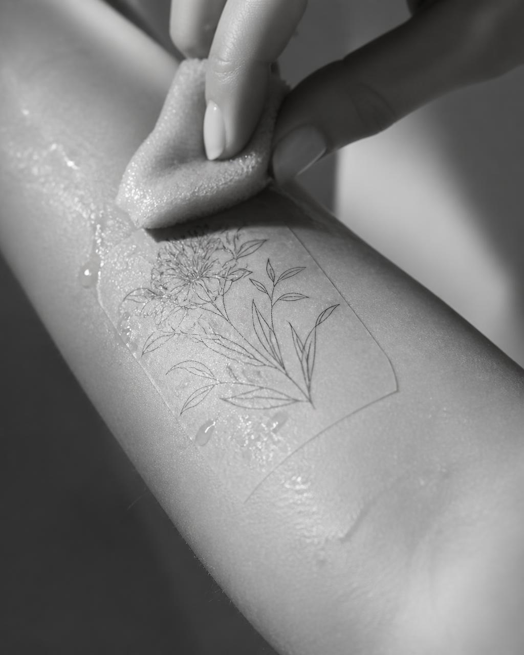 Wetting a semi-permanent tattoo sheet and pressing it into the skin